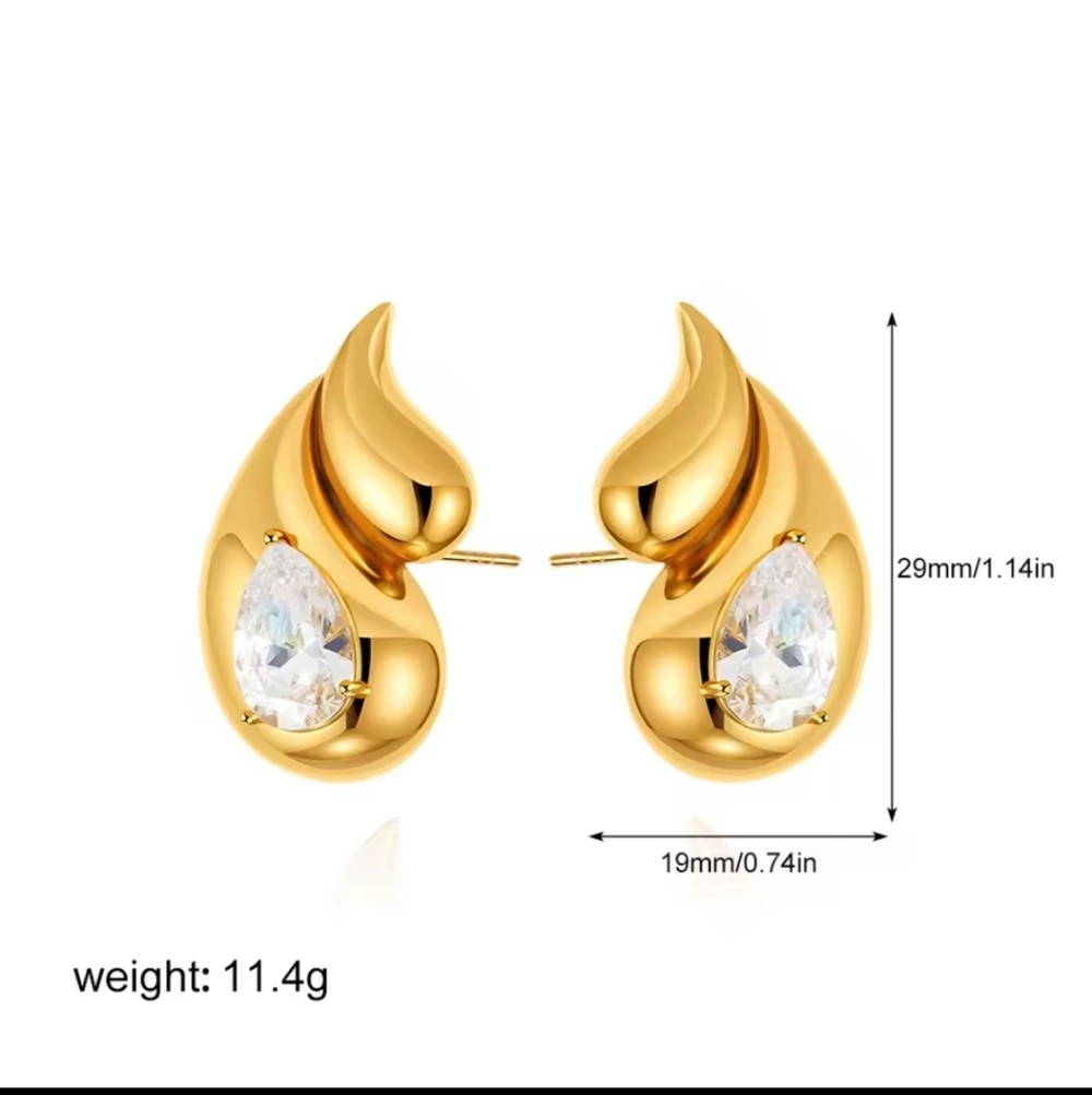 Gold Color Chunky Double Teardrop Earrings Clear Crystal Waterdrop - Picture 3 of 3